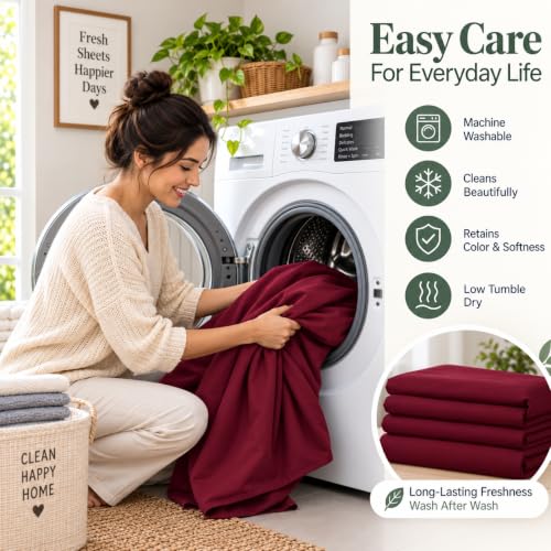 Image of Solid Bedsheet for Double Bed - Soft Microfiber Hotel Luxury Flat Bed Sheets with Pillow Cases 1800 Series - Double Burgundy