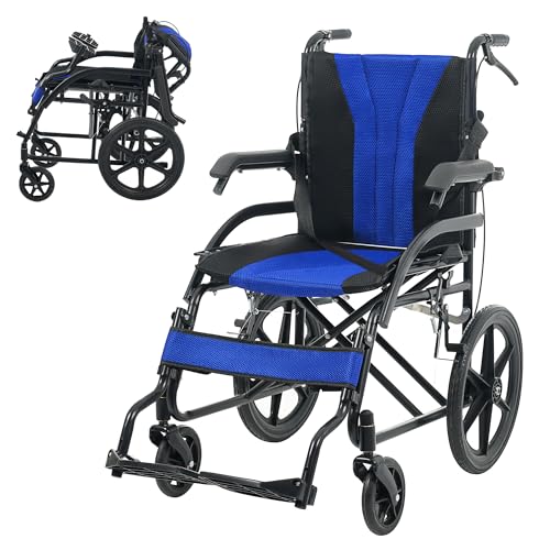 【ブラック+ブルー】OSJ 車椅子 折畳み 介助型 自立できる ノーパンクタイヤ 折りたたみ 収納可能 超軽量 コンパクト 安全ベルトつき 背面ポケット 外出用 介護 福祉用具