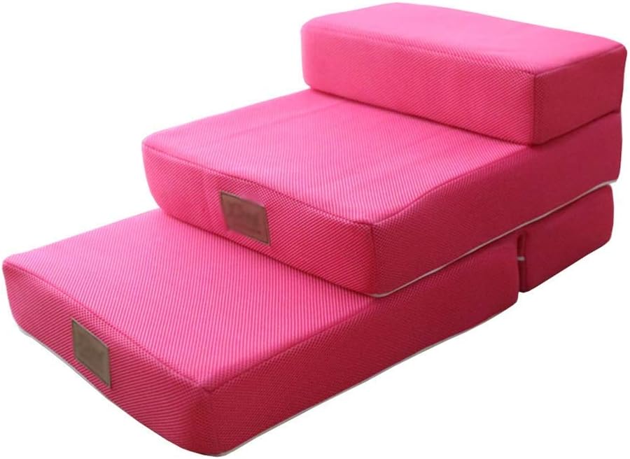 Pet Stair 3 Layer Pet Training Stairs Foldable Cats and Dogs General Sponge Stairs Detachable Pedal 40x68x30cm (Rose Red)