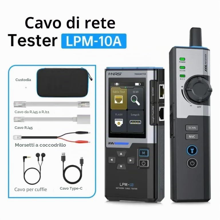 FNIRSI LPM10 - Tester Cavi di Rete Multifunzionale con PoE, NCV e Tracciamento – Misurazione Lunghezza, Wiremap RJ45/RJ11, Display TFT 2,4” – Istruzioni in Italiano