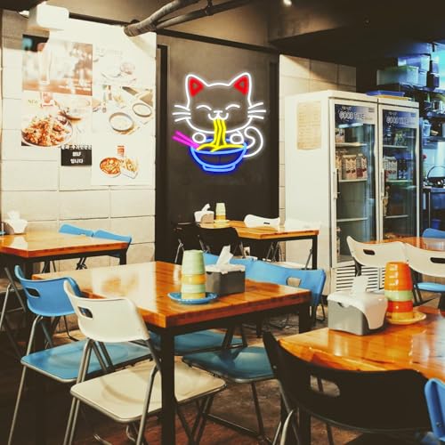 Image of Fortune Cat Ramen Neon Sign for Wall Decor, Japanese Lucky Cat Led Signs for Business, USB Dimmable Cartoon Cat Neon Lights for Noodles Shop Kitchen Home Pub Dinning Room Restaurant Wall Art