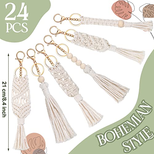 24 Pieces Boho Macrame Keychains Mini Cute Handcrafted Tassel Keychain Macrame Bag Charms Aesthetic Keychain with Tassel for Women Car Key Purse Phone Wallet Party Supplies, Beige, Beige, 15-22 cm