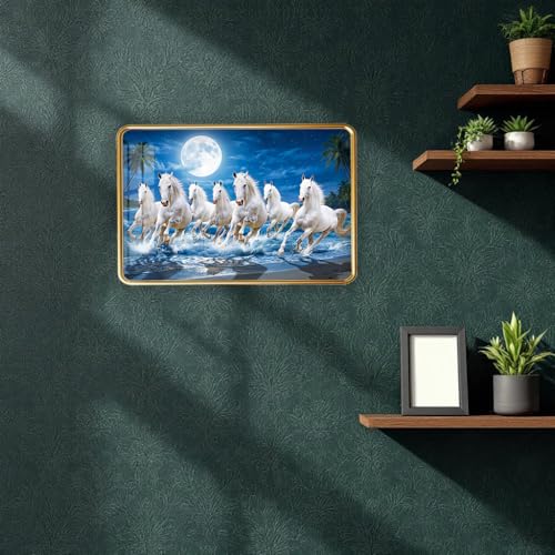 Image of 7 Running Horses Photo Frame, Ultra High Gloss Lamination, Vastu 12x18 Inch (Design 21)