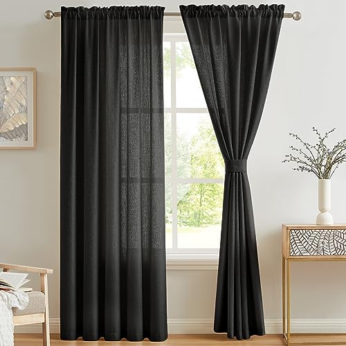 Melodieux Cortinas Visillos Negro para Dormitorio Cortinas Translúcidas Salón 2 Piezas, 140x225cm