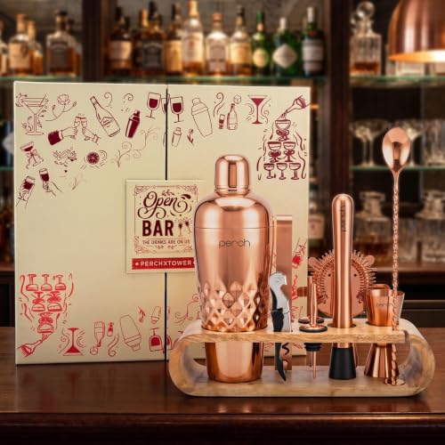 O' Holic By Perch Cocktail Shaker Gift Set|10-Piece Stainless Steel Bartender Kit with Mango Wooden Stand|Accessories for Home Bar|Gift Box for Winters,Birthday,Wedding,Anniversary,Christmas|Rose Gold