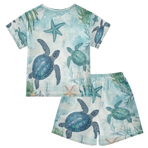senya Short Sleeve Pajamas Sets Summer Cotton Sleepwear Green Starfish Sea Turtle2
