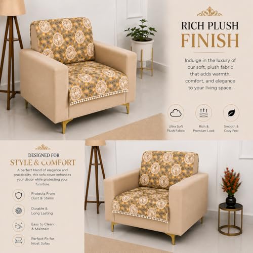 Image of Homerz Premium Printed Quilted Velvet Sofa Slip Cover Protector with Tassels, Sofa Mat, Exact Size, Antislip Cover (Antique Garden, 1 Seater, Full)