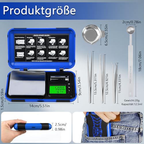 Mucek Hochpräzise Milligramm-Waage, 50g/0.001g Feinwaage, Briefwaage mit LCD Display, Präzisionswaage, Digitalwaage, Taschenwaage, Mini waage mit Cal-Gewicht, Tray, Pinzette und Schaufel