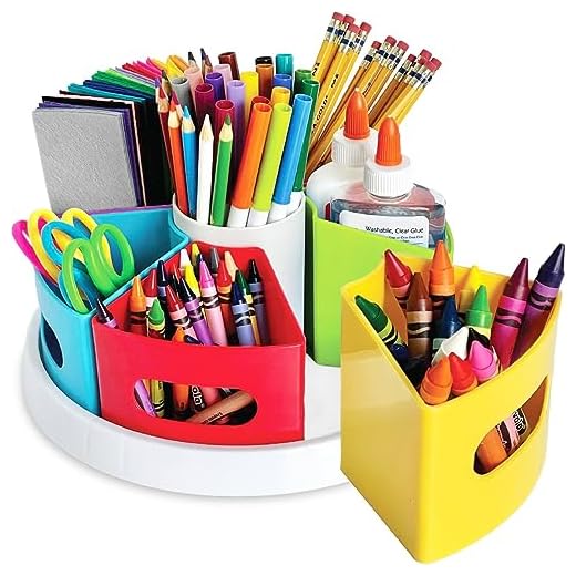 25+ Creative Craft Organization Ideas You’ll Love 3 Hapinest Rotating Art Supply Organizer for Kids, Crayon Marker and Pencil Storage Solution for School Teachers and Classroom Crafts, Rotating Desk Organizer Caddy for Kids, Art Supply Caddy For Kids