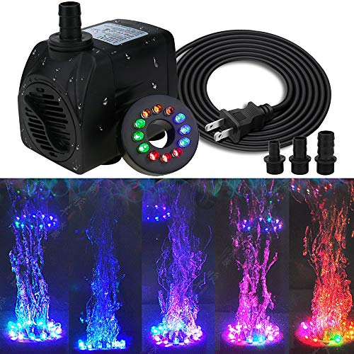 Topbry 400 Gph Submersible Fountain Pump (1800L/H, 25W), Ultra Quiet 12 Led Colorful Pump Lights With 3 Nozzles, 6 Feet Power Cord For Fish Tank, Pond, Aquarium, Statuary, Hydroponics #TOP5