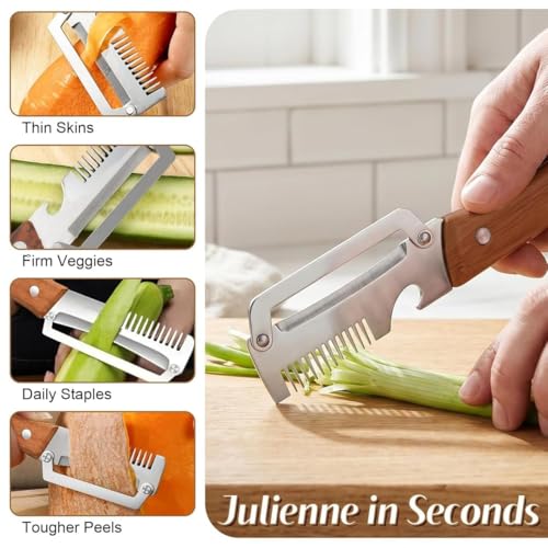Image of 1 Pack 3-in-1 Multifunctional Vegetable Peeler with Wooden Handle | Stainless Steel Fruit & Vegetable Peeler with Built-in Grater & Bottle Opener | Kitchen Peeler for Potato, Carrot, Apple