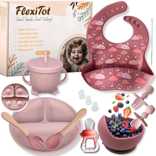 FlexiTot - Vajilla bebe silicona antideslizante | Cubiertos bebe, Plato y bol con ventosa, vaso antiahogo, babero ajustable y chupete fruta bebe | Ideal BLW alimentación | Sin BPA | Rosa | +6 meses