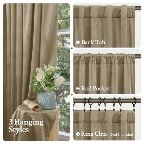 LAMIT Dark Taupe Velvet Curtains 120 Inch for Living Room, Thick Thermal Insulated Drapes Room Darkening Country Decor Back Tab and Rod Pocket Panels for Bedroom, 2 Panels, 52 x 120 Inch