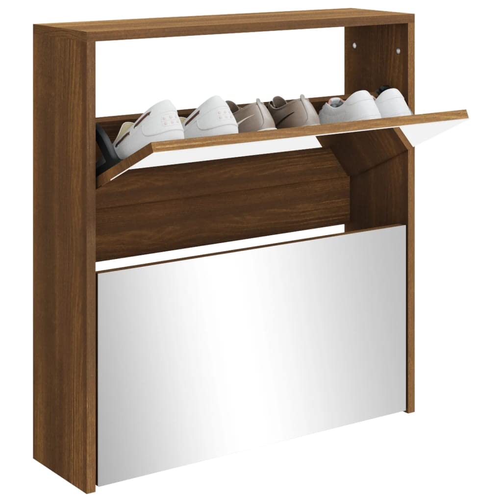 2-poziomowa szafka na buty z lustrem dębowym brązowym 63 x 17 x 67 cm, szafka na buty z szufladami z klapką, organizacja obuwia, nowoczesny design do przedpokoju