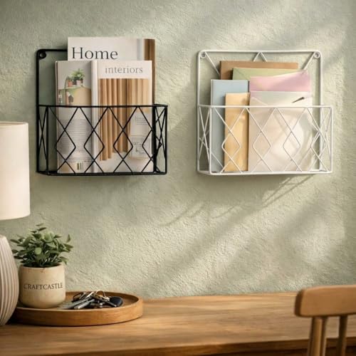 Image of Hanging File & Magazine Holder - Wall Mounted Metal Organizer for Newspapers, Documents & Office Storage | Decorative Black Wall Rack for Home & Workspace (Black+White)