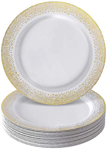 New Arrivals DISPOSABLE DINNER PLATES - 20 pc - Heavy Duty Plastic Dishes - Elegant Fine China Look - Mist – White/Gold 10.25”