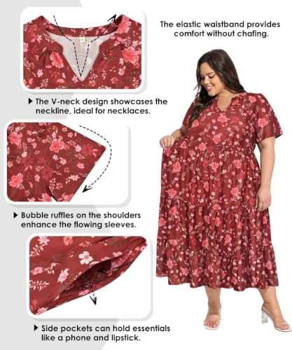 Image of TIYOMI Women Plus Size Dress Boho V Neck Short Sleeve Beach Maxi Dresses Floral /Stripe /Leaves /Lemon XL-5XL