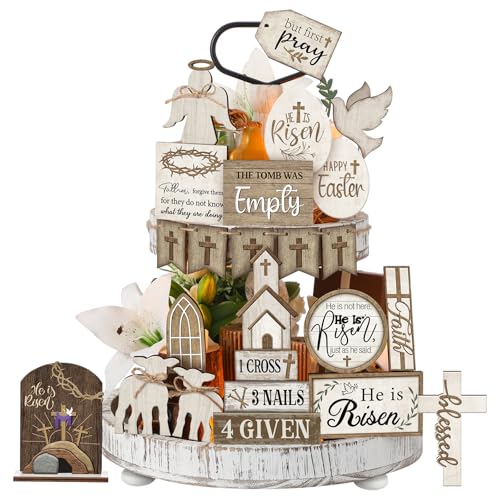 Yuntau 24 Pcs Easter Tiered Tray Decor Religious Easter Decorations He is Risen Cross Tray Decoration Sets Christian Cross Table Wooden Sign Farmhouse Table Decor for Home Kitchen Office Holiday