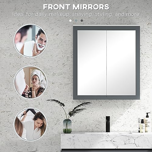Armario de baño con espejo kleankin, 27" x 30", montaje en pared, blanco | Armario con espejo para baño, con almacenamiento, puertas dobles y 2 estantes ajustables miniatura 5