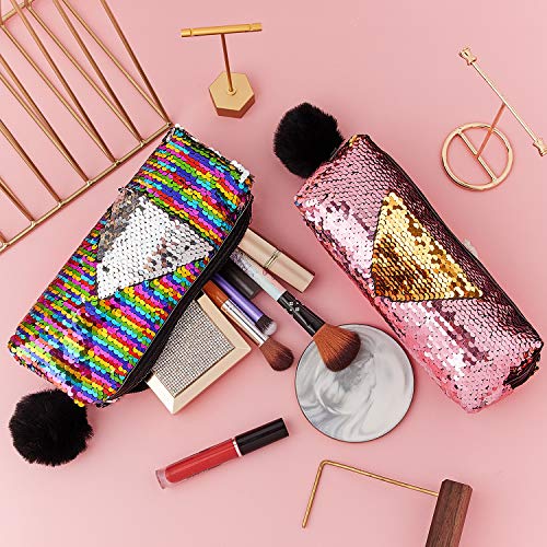 Outus 3 Pieces Sequin Cosmetic Bag Mermaid Spiral Reversible Sequin Student Pencil Case For Girls Double Color Zipper Make Up Bag (Classic Pattern) #TOP4
