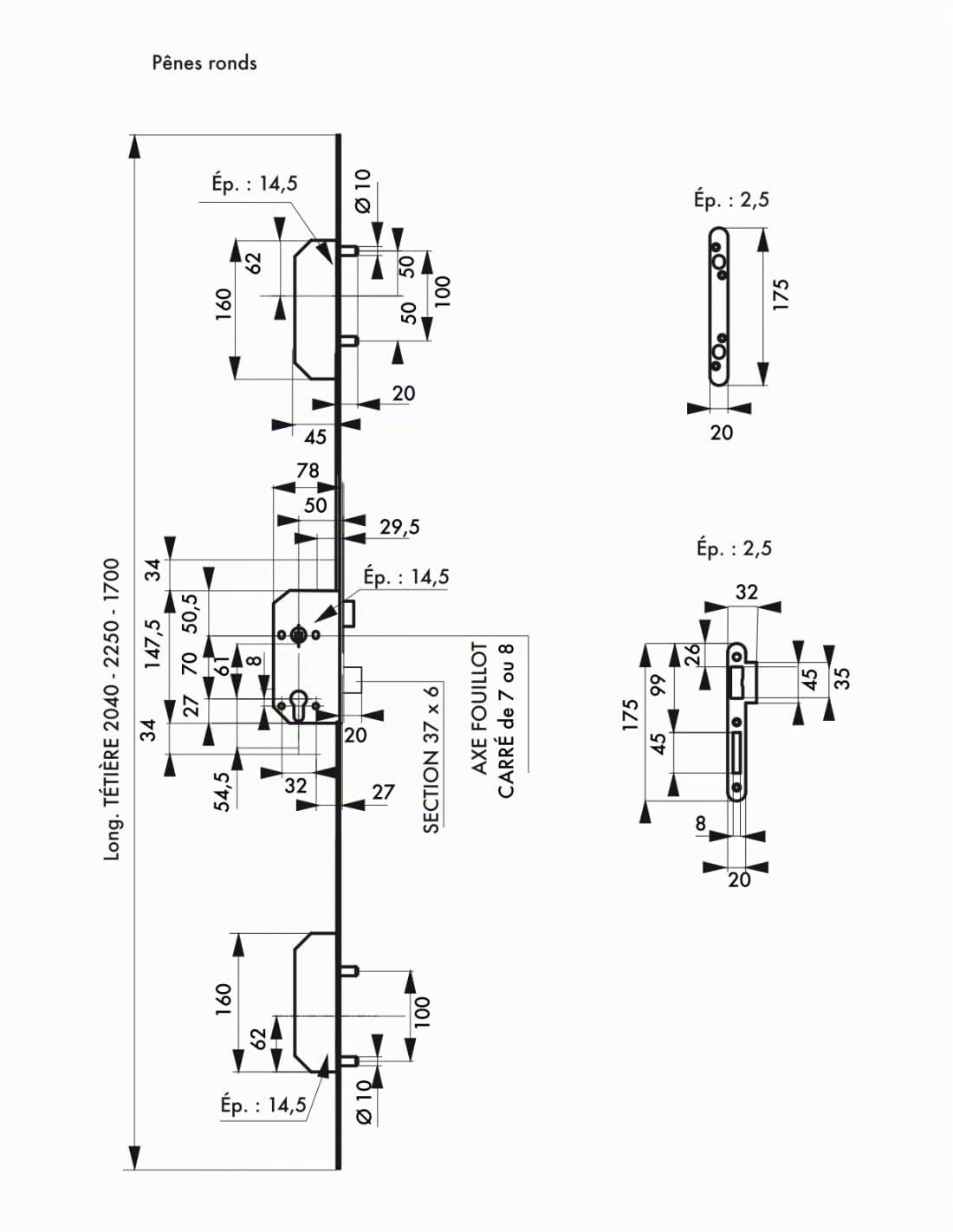 Serrure à Encastrer Multipoints, 3 Points, Norme NF QC, avec 2x2 Pênes Ronds, Hauteur 2250 mm, Sans Gâches, Verrouillage Sécurisé, Têtière Acier Zinguée, Utilisation Cylindre Européen, THIRARD