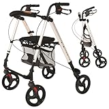 MobiQuip Lightweight 4-Wheel Aluminium Rollator with Seat, 6.4kg - Silver Frame with Black Seat - Folding Mobility Walker with Basket, Loop Brakes, Walking Stick Holder - Height Adjustable