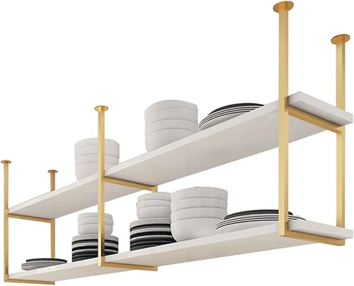Estantería flotante colgante - Marco de techo de hierro forjado dorado de 2 capas, estante de almacenamiento de madera simple de estilo europeo,