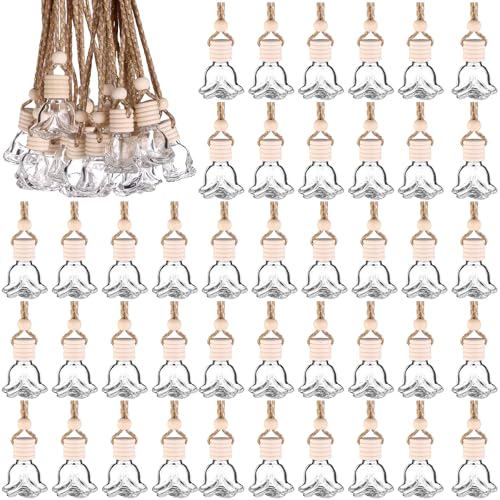 Image of 50 Pcs 8ml Hanging Car Air Freshener Diffuser Empty Clear Glass Essential Diffuser Oil Aromatherapy Fragrance Perfume Pendant Rose Shape with Wooden Cap Hanging String Car Diffuser Bottle