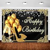 Picture of InMemory Happy Birthday Backdrop Black and Gold Balloons Shining Diamond Photography Background Golden Heels Champagne Backdrops Banner for Adult Women Girl Birthday Party Decoration Photo Booth 7x5ft