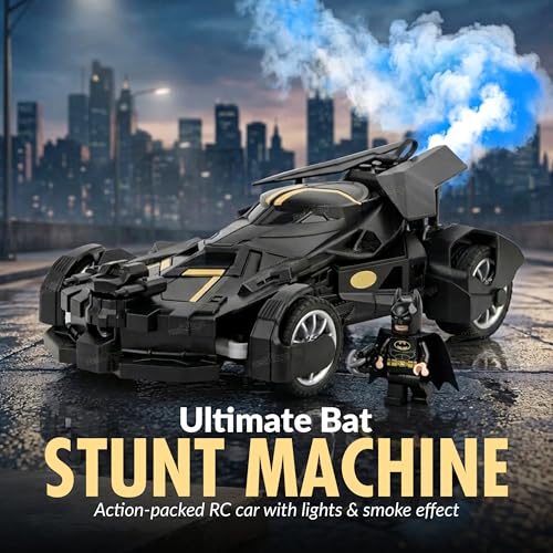 Image of Remote Control Batmobile with Mist Spray, High-Speed LED RC Car, USB Rechargeable, Racing Toy for Boys & Girls 3+, Black