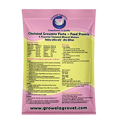 Image of Growel Agrovet Chelated Growmin Forte- Feed Premix: Powerful Chelated Minerals Mixture For Aquacultures, Poultry, Cattle, Horse, Pig, Goats And Sheep - 1 Kg