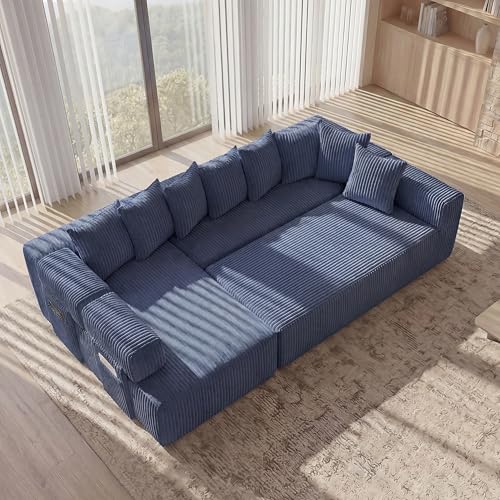 Image of Oversized Cloud Boneless Couch with Chaise, 146 inch Modern U Shape Modular Deep Seat Sectional Sofa, Comfy Corduroy Upholstered Couches for Living Room, No Assembly Required-Blue