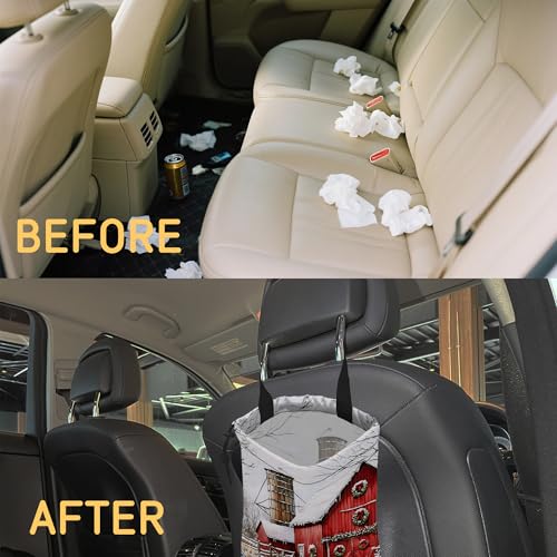 Image of Snowy Red Barn Car Trash Bag,Mistletoe Wreaths Strap Drawstring Car Garbage Bags,Car Back Seat Organizer with Adjustable Buckle for Car Accessories