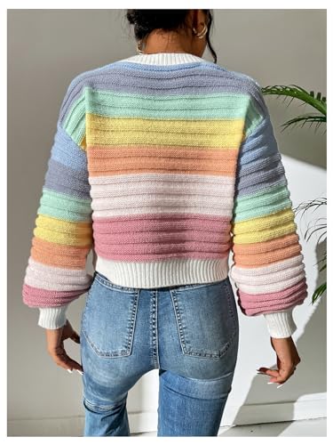 OYOANGLE Women's Color Block Lantern Long Sleeve Rainbow Sweater Drop Shoulder Pullover Jumper Tops2