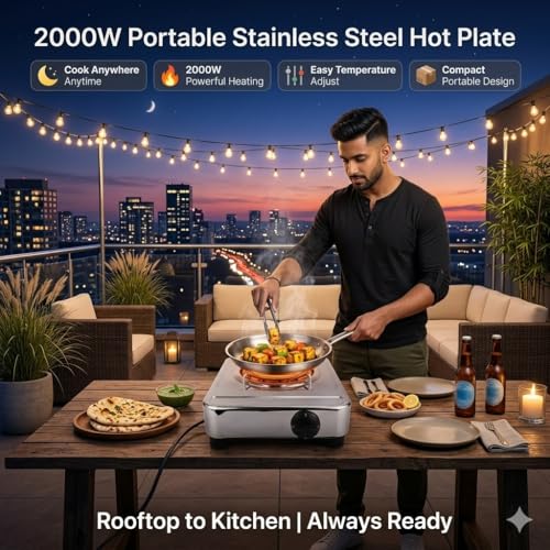Image of Drumstone 2000W Electric Hot Plate Single Burner, Stainless Steel Portable Cooktop with Adjustable Temperature Control Knob, Coil Heating, Electric Cooking Stove for Home, Office, Hostel & Travel