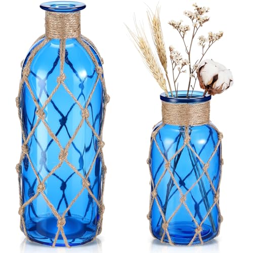 Image of Chuangdi Set of 2 Coastal Glass Flower Vase with Boho Rope, Cobalt Blue
