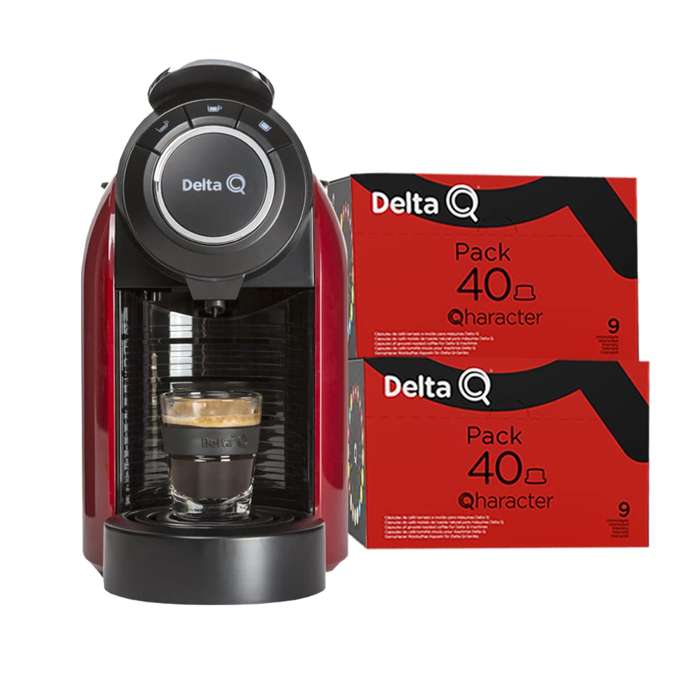 Delta Q - Pack Cafetera Delta Q Evolution Roja - Para Bebidas Calientes y Cafés - Sencilla y Práctica - Diseño Elegante - Fácil de Usar - Incluye 2 Packs XL Qharacter 40 Cápsulas