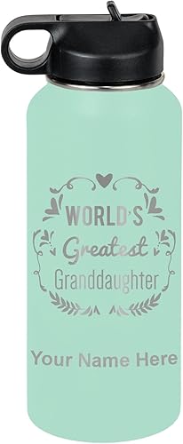 Miniatura 61 de LaserGram Botella de agua de doble pared con tapa abatible de 20 onzas con popote, la nieta más grande del mundo, grabado personalizado incluido