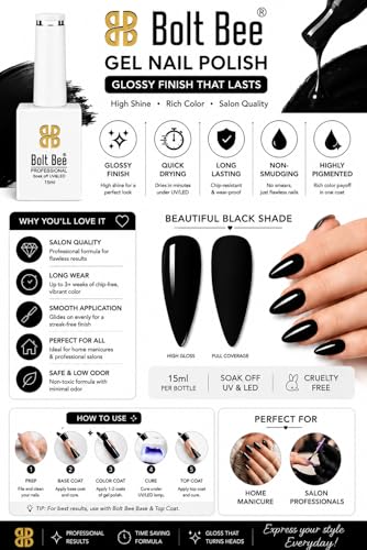 Image of Bolt Bee Black Color Gel Nail Polish Soak Off UV Gel DIY at Home Manicure Salon Nail Art