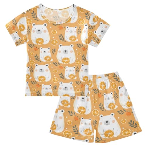 ALAZA White Bear Orange Pajamas Short Sleeve 2 Piece Sleepwear Top and Bottom Pajama Set Unisex
