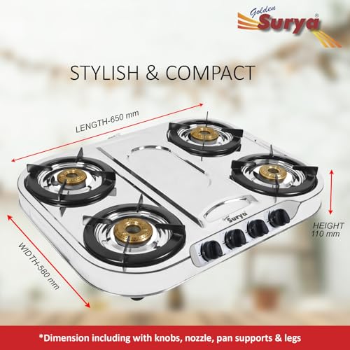 Image of GOLDEN SURYA Premium Stainless Steel | 4 Brass Burner | ISI Certified | 1 Year Warranty | Manual Ignition | PNG 4 Burner Gas Stove - Magma
