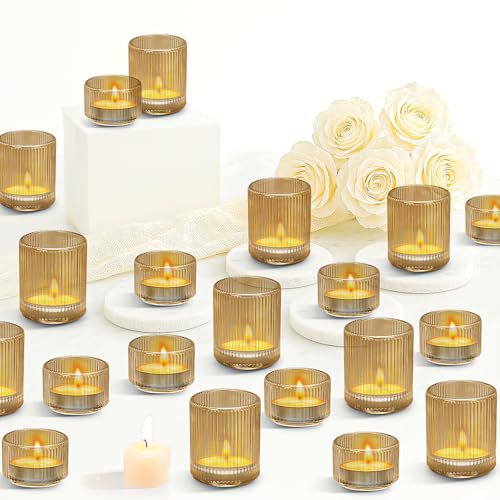 Juego de 20 portavelas de cristal, portavelas acanalados, para bodas, centros de mesa, decoración del hogar, eventos románticos, cena, fiesta, Halloween, decoración de Navidad (dorado)