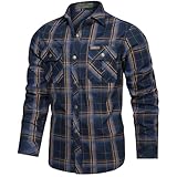 Check-Camiseta, Camisa Clásica a Cuadros Manga Larga de Algodón para Hombre, Ligero y Agradable Protección UV para Pesca, Tala, Montañismo, Caza，Azul，XL