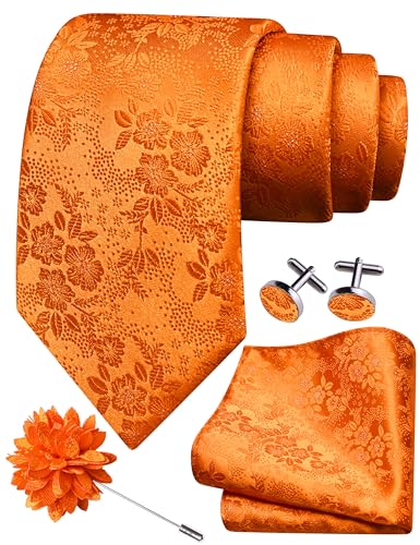 Image of GUSLESON 3.15 inch（8cm） Mens Floral Tie and Lapel Pin Necktie Hankerchief Cufflinks Set for Men