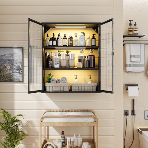 Image of Laundry Room Cabinets Wall Mounted, Bathroom Wall Cabinet with Glass Doors & LED Lights, Black Metal Medicine Cabinet for Bathroom, Kitchen, Living Room and Entryway