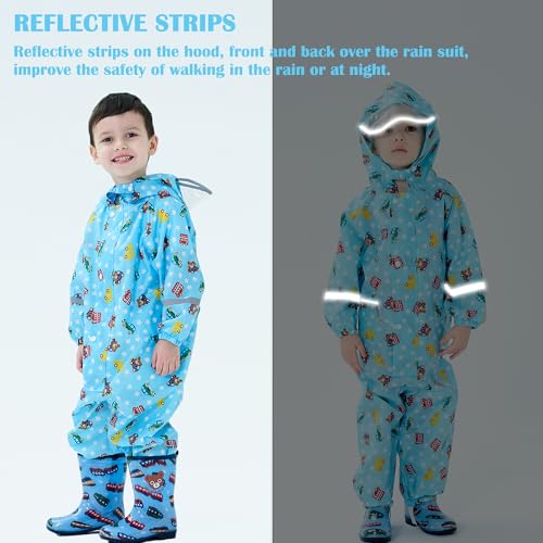 Image of Fewlby Toddler Rain Suit for Boys Girls Kids Raincoats With Hood One Piece Baby Rain Jacket Waterproof Coverall 1-10 Years