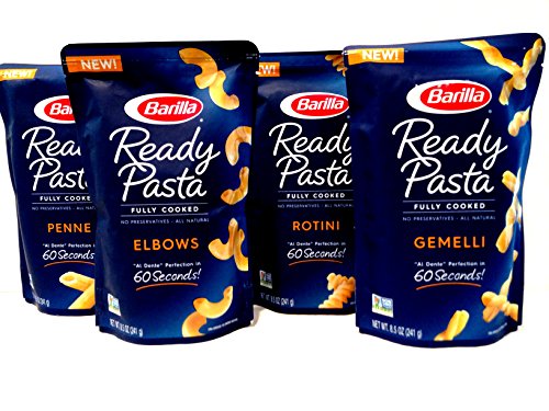 Barilla Fully Cooked READY PASTA, VARIETY 8 Pack: 2 Pouches each of ROTINI, PENNE, ELBOWS, GEMELLI + FREE pack of silver plastic utensils! (8.5 oz each pouch) NEW FOR 2017!