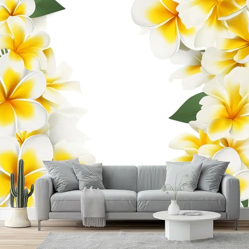 Papel pintado Plumeria, borde romántico Papel pintado tejido no tejido 200 x 140 cm decoración Pared decorativos Tv Fondo Pared Dormitorio Murales Papel Tapiz Moderno Amarillo Blanco