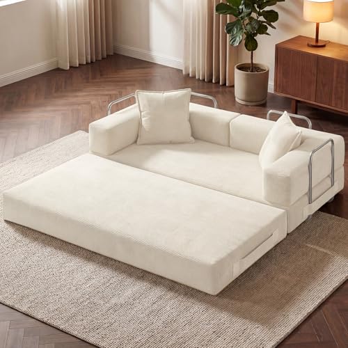Image of GRUSIGN 78 Inch Convertible Sofa Bed, 5-in-1 Futon Sofa Bed Pull Out Couch, Boneless Couch Bed for Living Room, Corduroy Boneless Couches for Bedroom, Apartment, No Assembly Sleeper Sofa Bed, Beige
