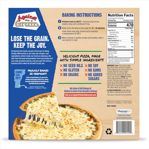Image of Against the Grain Nut-Free Pesto Original Crust Pizza, No Gluten, Grains, Seed Oils, Preservatives or Gums, Frozen, Family Size (22.4 oz)